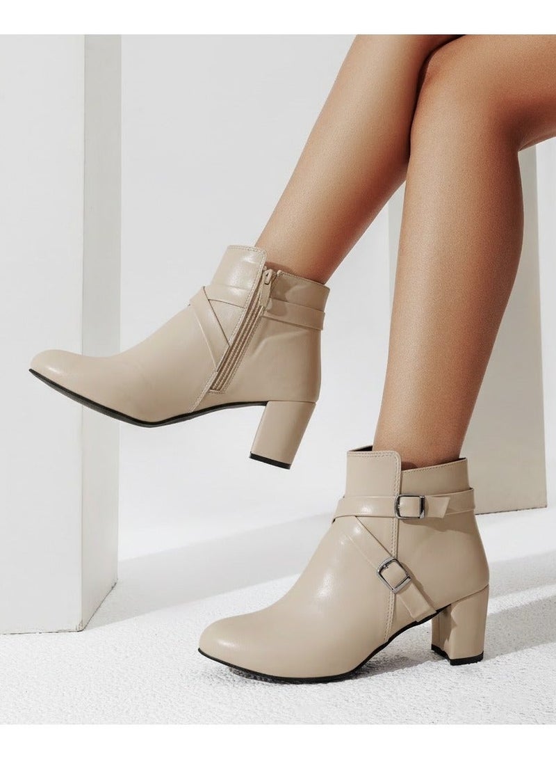 لايف ستيلاش  حذاء بكعب الكاحل جلد مع إكسسوارات R-21 - بيج - Image 1